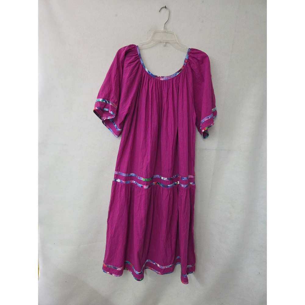 Appel Vintage House Dress Womens M Magenta Pink Cotton Tiered Floral Trim Muumuu